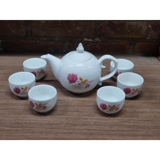 Bộ ấm chén/bộ trà hoa hồng, gồm 1 ấm và 6 chén không quai, hàng bình dân, không gồm đĩa kê, khay, hộp, nhận in logo, chữ