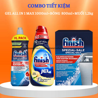 Nước rửa bát finish All in 1 max 1000ml Đức+Bóng finish 800ml+Muối finish 1,2 kg chuyên dùng cho máy rửa chén bát