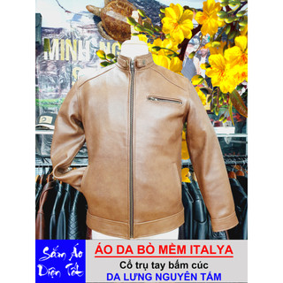A19- Áo khoác da bò thật cổ trụ màu nâu vàng- Xuất Xứ ITALYA
