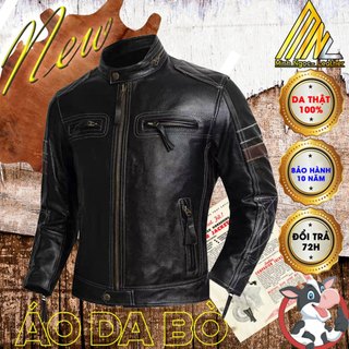 Áo khoác da bò thật cao cấp cổ trụ dáng Racing mùa đông dành cho nam, Áo khoác Motor, Áo khoác da thật Minh Ngọc Leather