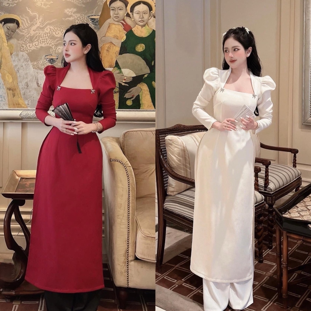 Áo dài cách tân cổ vuông vai bồng dài tay chất vải Linen