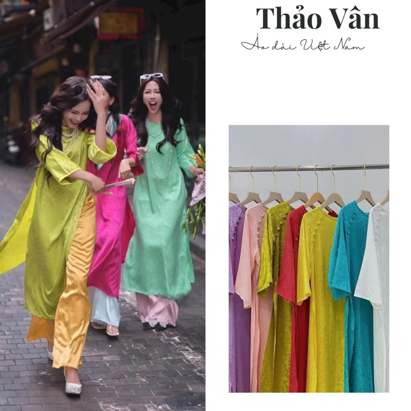 Set áo dài cách tân gấm tơ cổ tròn xuông đủ màu, dáng lửng mặc lễ Tết, đi chơi-Áo dài Thảo Vân