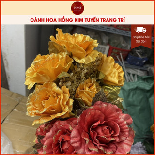 Cành hoa hồng kim tuyến trang trí oản tết pongi phụ kiện trang trí tháp bánh sang trọng màu đỏ, vàng