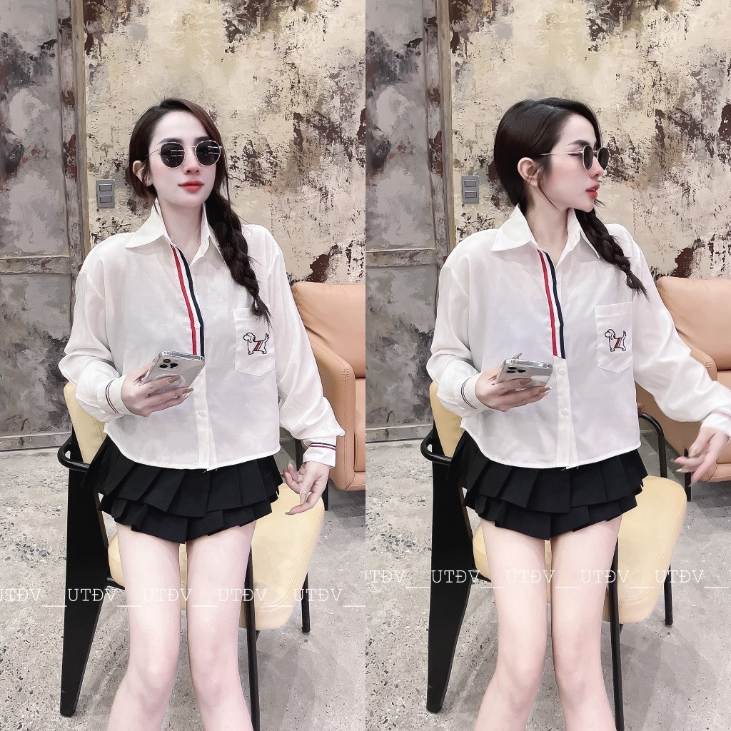 Áo sơ mi Thomr dài tay viền kẻ thêu túi dáng crottop [ HT Fashion ]
