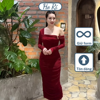 Đầm lệch vai dự tiệc, váy ôm body dáng dài, mặc co dản thoải mái che khuyết điểm màu đỏ đen - Hori Store