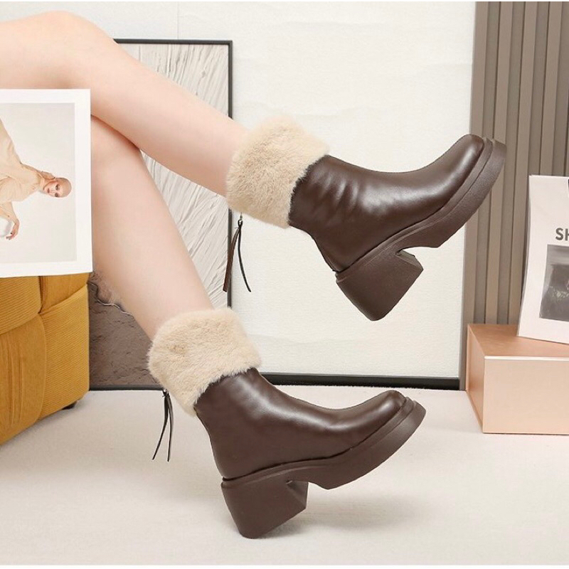 Boot nữ lót lông thỏ mịn, đế cao 5cm