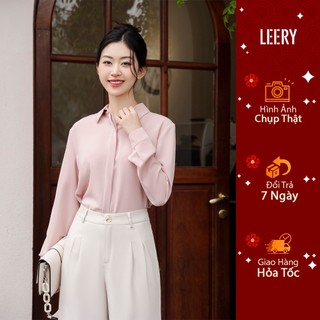 Áo sơ mi công sở nữ đẹp kiểu Hàn Quốc form rộng tay dài chất lụa cao cấp màu Trắng Be Đen Xanh LEERY SM-01