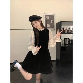  VÁY NHUNG BABYDOLL PHỐI TƠ ĐÍNH NGỌC metwo.dearu - Đầm nhung đen ngắn xòe dáng A cổ bèo chiết eo tay bồng ulzzang HQ 