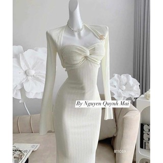 Sét Đầm 2món vải gân Thái.có khoen cài áo #Đầm body dáng dài xoăn ngay ngực