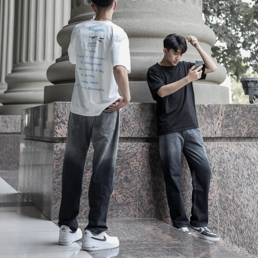 Quần jean nam ống suông rách gối dáng baggy màu xanh trắng nhạt mài xước đùi đẹp 050 Pon.mens