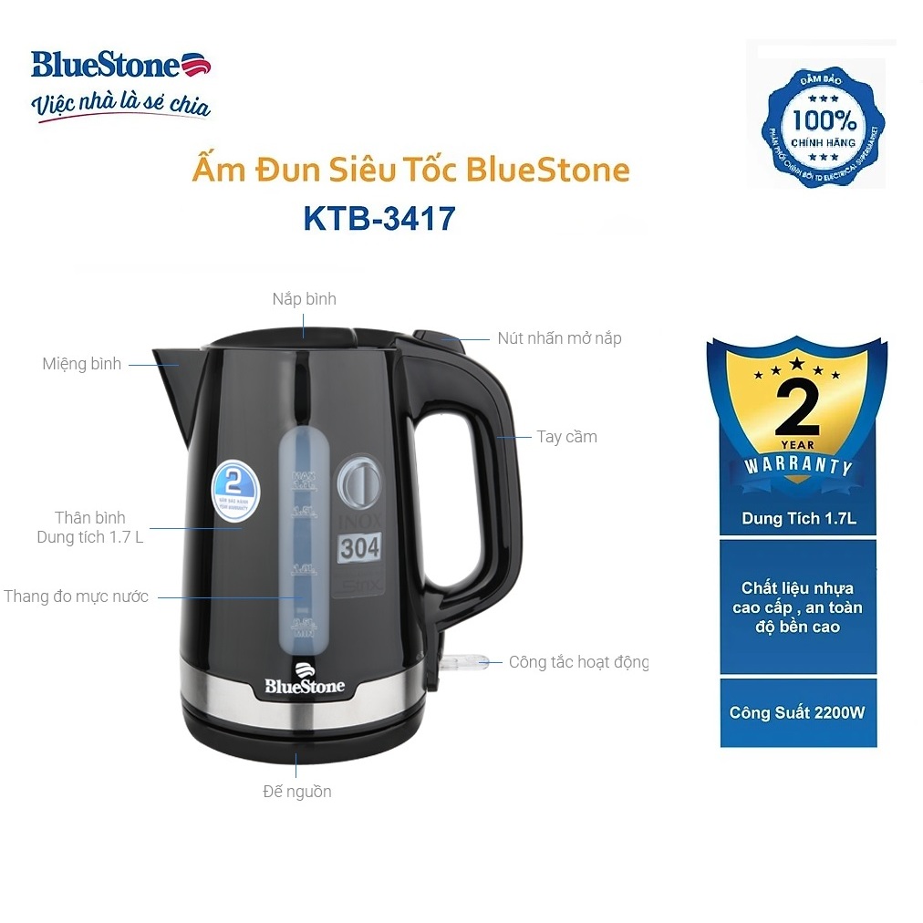 Ấm Siêu Tốc BlueStone KTB-3417 1.7L (Bảo Hành Điện Tử 2 Năm)