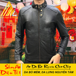 Áo khoác da bò ruvin, Áo khoác da thật cổ trụ màu đen hợp thời trang mùa đông dành cho nam Áo da Minh Ngọc Leather
