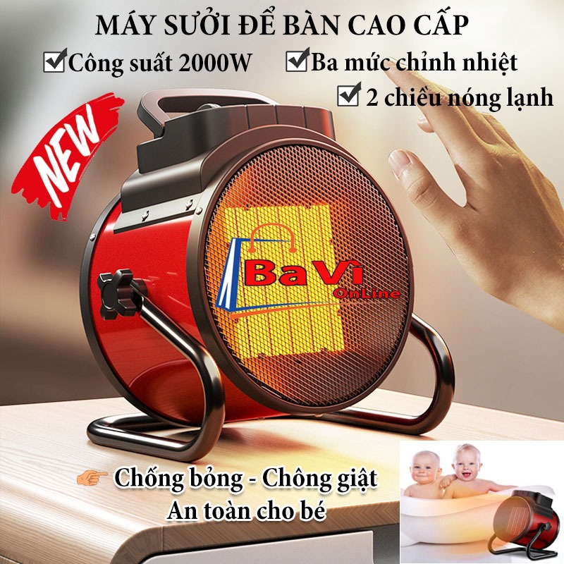Quạt Sưởi Để Bàn 2000W Nóng Nhanh, Cách Nhiệt, Xoay 360 Độ, Máy Sưởi Di Động Công Nghệ Sưởi Gốm 3 Mức Điều Chỉnh Nhiệt