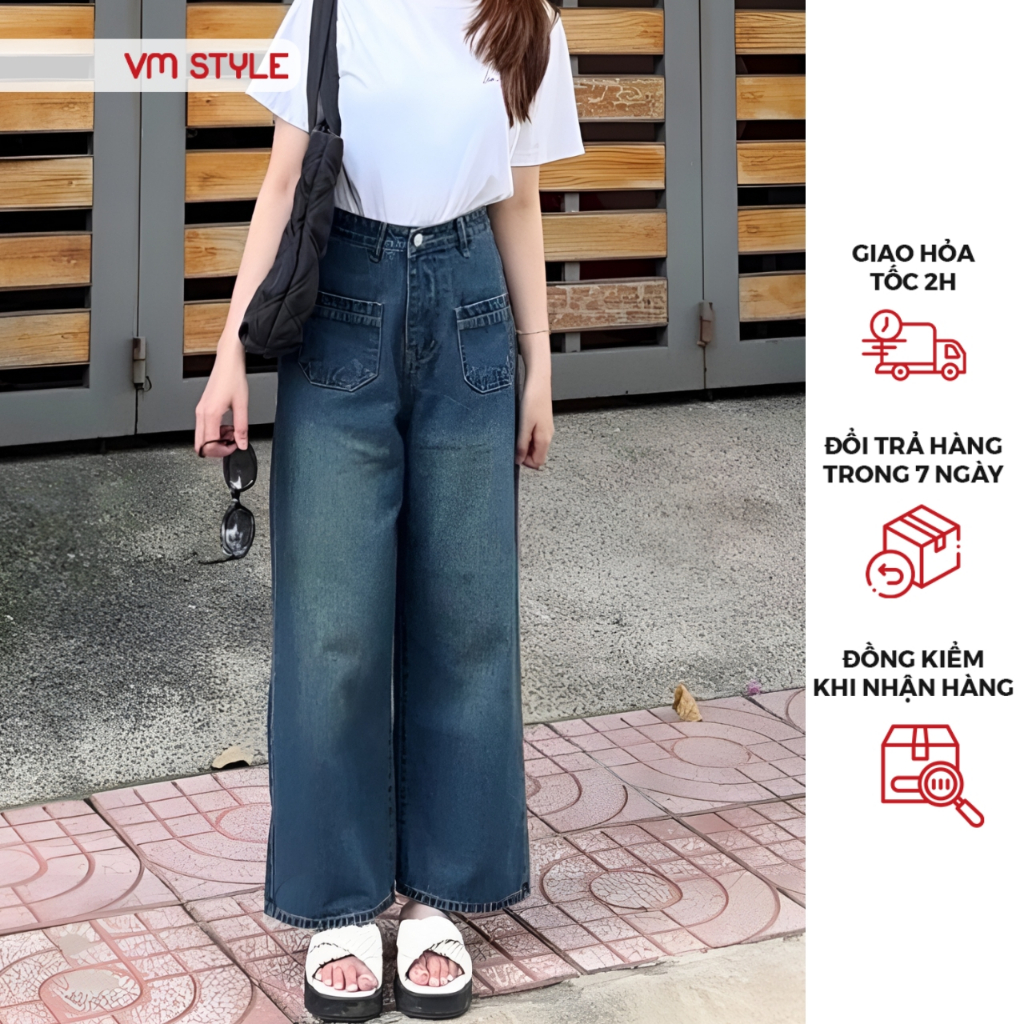 Quần jean denim nữ VMSTYLE ống rộng cạp cao trơn 2 túi hộp trước kiểu basic đi học, đi làm, đi chơi - QJR00172