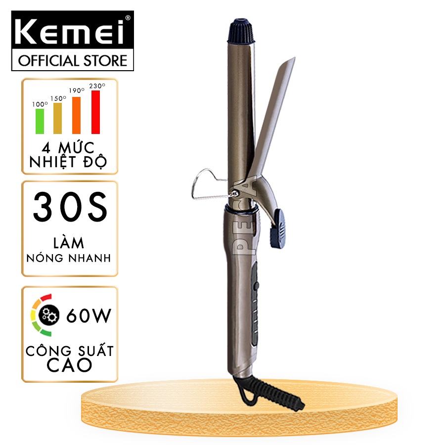 Máy uốn tóc cao cấp Kemei KM-9942 điều chình 4 mức nhiệt dây điện xoay có móc treo dùng mọi loại tóc - Hàng chính hãng