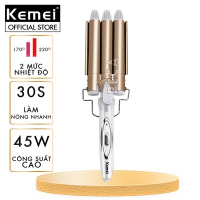 Máy uốn tóc chuyên nghiệp Kemei KM-1010 tiện lợi với 3 trục uốn dùng uốn xoăn,uốn lọn, gợn sóng