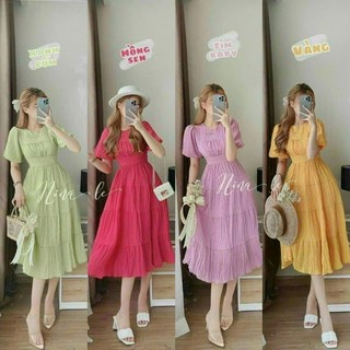 Đấm váy thời trang nữ tay ngắn phồng cổ tròn xinh chân váy xòe chất vải xốp chỉ 4 màu y hình