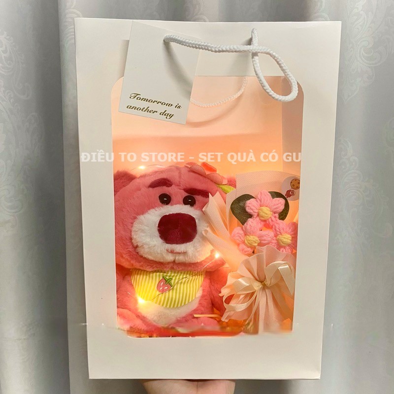 Set quà gấu dâu và hoa len siêu dễ thương tặng người yêu sinh nhật cute ảnh thật