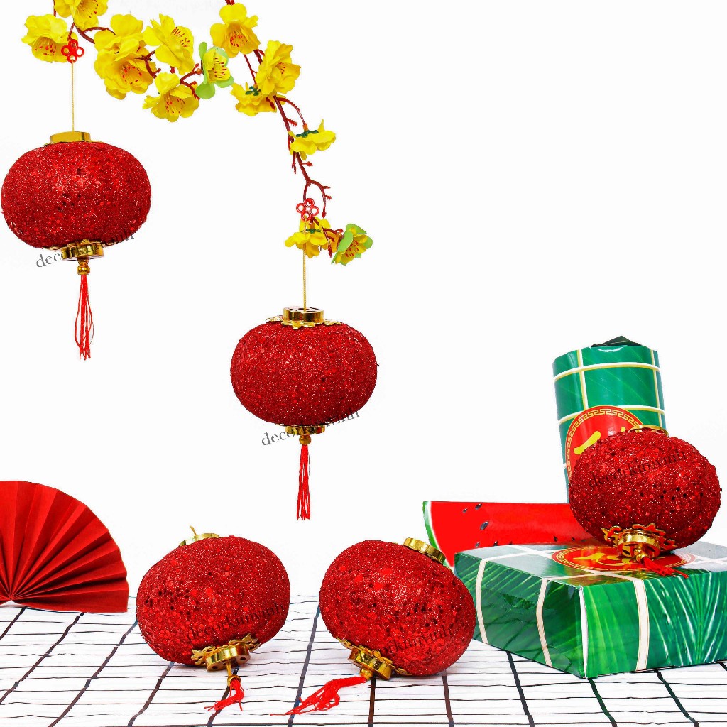 Lồng Đèn Xốp Nhũ LD03 Kim Tuyến Đỏ Lấp Lánh Treo Cây Trang Trí Tết