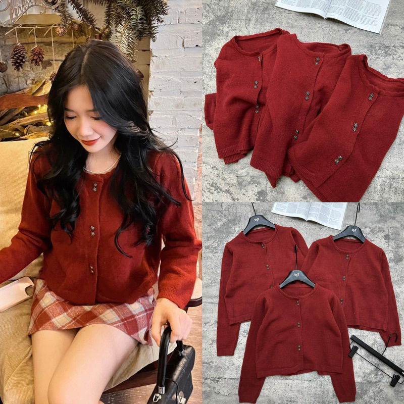 Áo len cardigan lông thỏ cúc hoa đôi