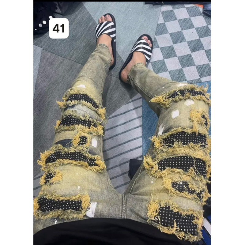 Quần Jean Nam Đính Đá Nhiều Miếng Vá Bản đẹp