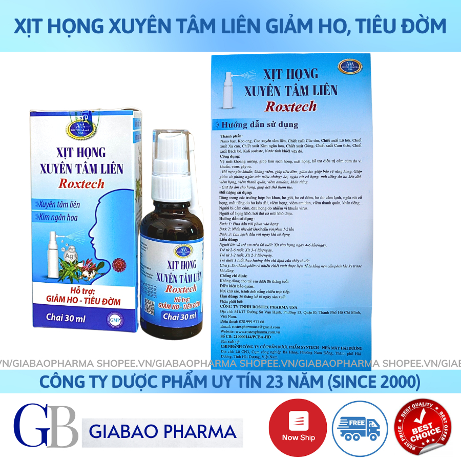(date t2/2025) Xịt họng Xuyên tâm liên Rostex giảm ho,viêm họng,giảm đau rát cổ họng - (Chai 30ml)