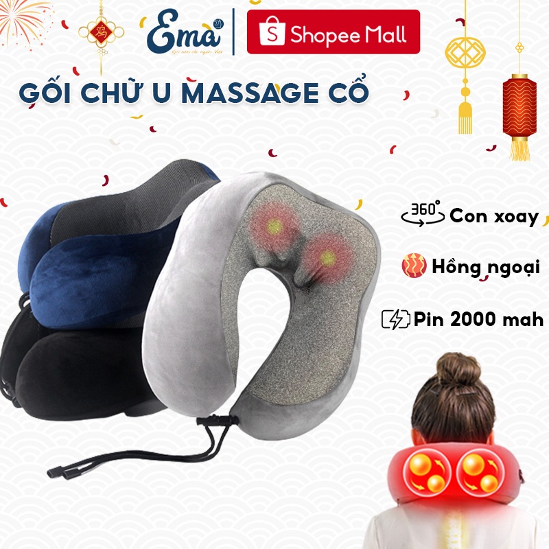 Gối massage cổ chữ U Ema với 3 chế độ xoay kèm hồng ngoại chất liệu ruột cao su non mềm mại giảm đau mỏi cổ vai gáy