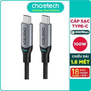 Dây cáp sạc type c to c 100w 1.8m sạc nhanh android, macbook, laptop choetech xcc-1002-gy - hàng chính hãng