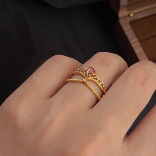 [littlebrown] Set nhẫn mạ vàng vương miện đá đỏ