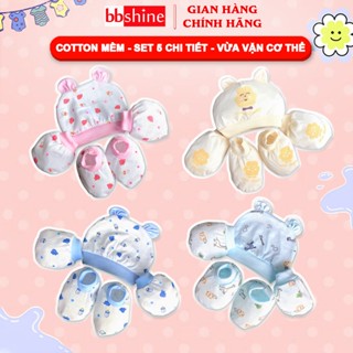 Set Bao Tay Bao Chân Mũ Sơ Sinh 5 Chi Tiết Nhiều Màu Chất Cotton Cao Cấp BBShine – SS037