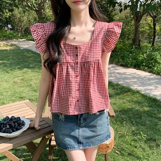 Áo babydoll hai dây tay cánh tiên cổ vuông họa tiết caro đỏ phong cách hàn quốc mùa hè DELIZ