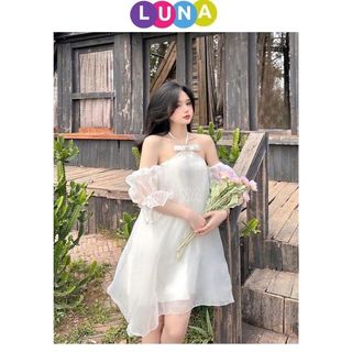 Đầm thiết kế cổ yếm tay bồng nơ đá 2 lớp, váy dáng xoè chất liệu voan tơ sang chảnh