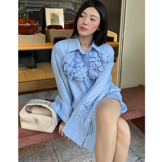 Đầm sơ mi, váy suông sơ mi tiểu thư sang chảnh cổ đức thân xếp ly đính hoa 3D to trước ngực thời trang thiết kế LEVAN