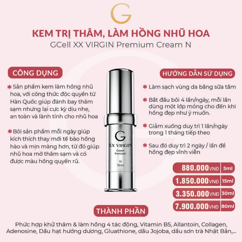 Kem dưỡng hồng nhũ hoa và bikini XX VIRGIN  GCELL loại 5ml và 15ml