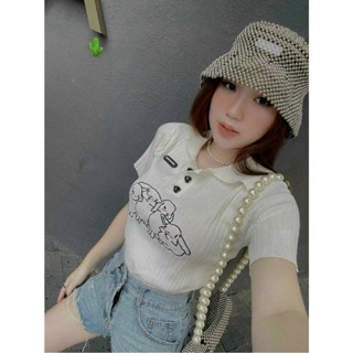 Áo thun polo nữ tay ngắn co giãn thoải mái phong cách Hàn Quốc in họa tiết xinh xắn đáng yêu - Huyền Diệu Boutique