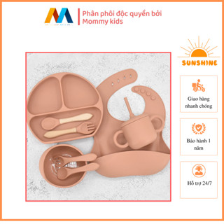 Bộ Khay Chén Bát thìa đĩa yếm ăn dặm silicon FULL SET 9 MÓN  AN TOÀN CHO BÉ CHỐNG ĐỔ