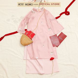 Bộ áo dài tết thêu hoa nhí cho bé gái petit momo h214