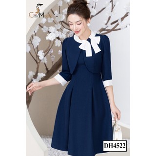 Đầm công sở CITI MODE FASHION thiết kế dáng xoè phối áo ngoài xanh cổ nơ trắng DH4522