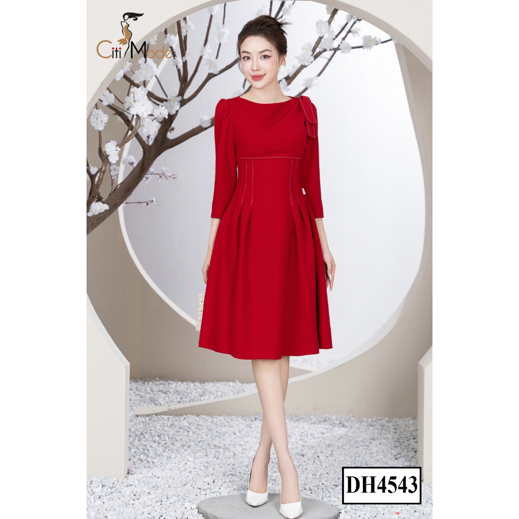 Đầm công sở CITI MODE FASHION thiết kế dáng xoè đỏ cổ thuyền phối nơ vai DH4543