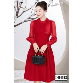 Đầm công sở CITI MODE FASHION thiết kế dáng xoè đỏ nhún hông tay voan cổ đính hoa DH4518