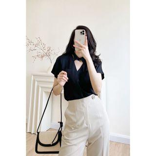 Áo sơ mi Vella Fashion cộc tay  phối cổ chocker chất lụa cao cấp, sơ mi công sở  VA21085