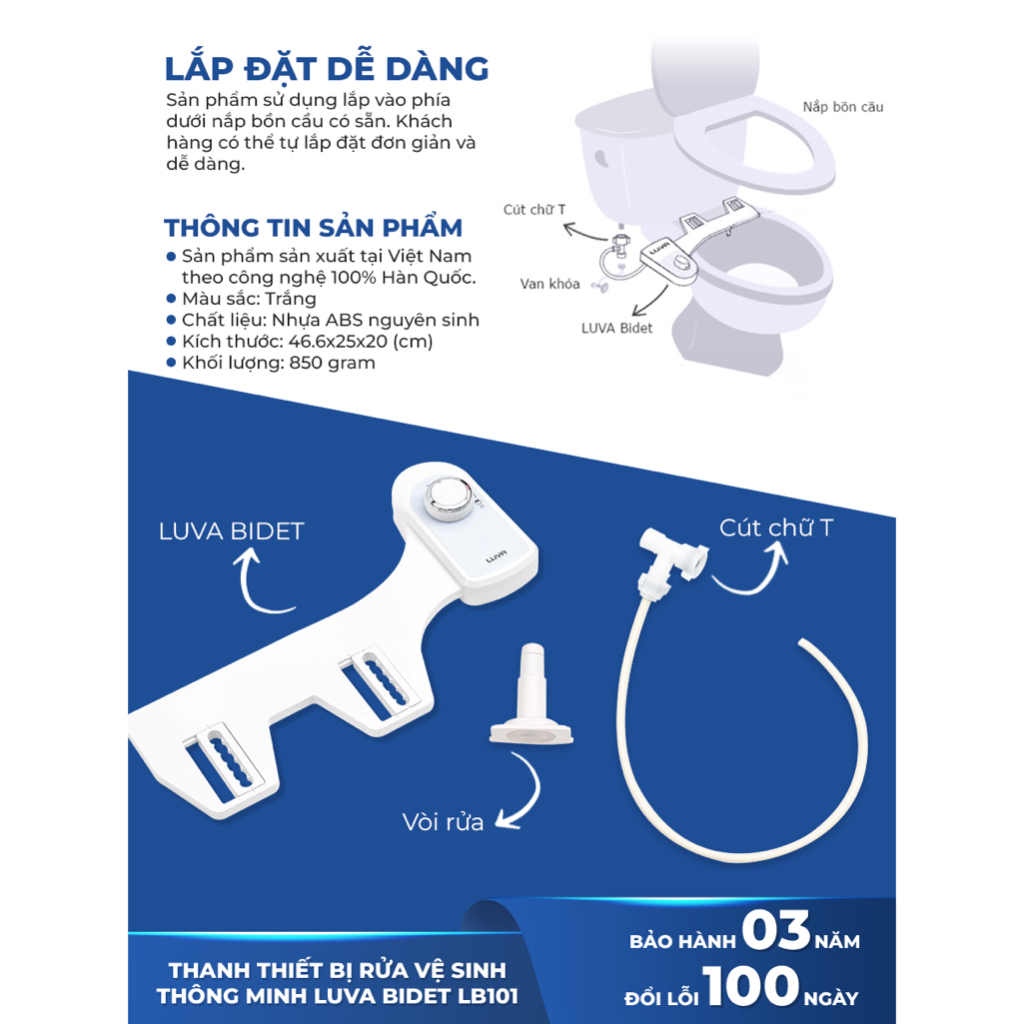 Vòi xịt, vòi rửa vệ sinh thông minh LUVA BIDET LB101, BH 3 năm, đổi lỗi 100 ngày