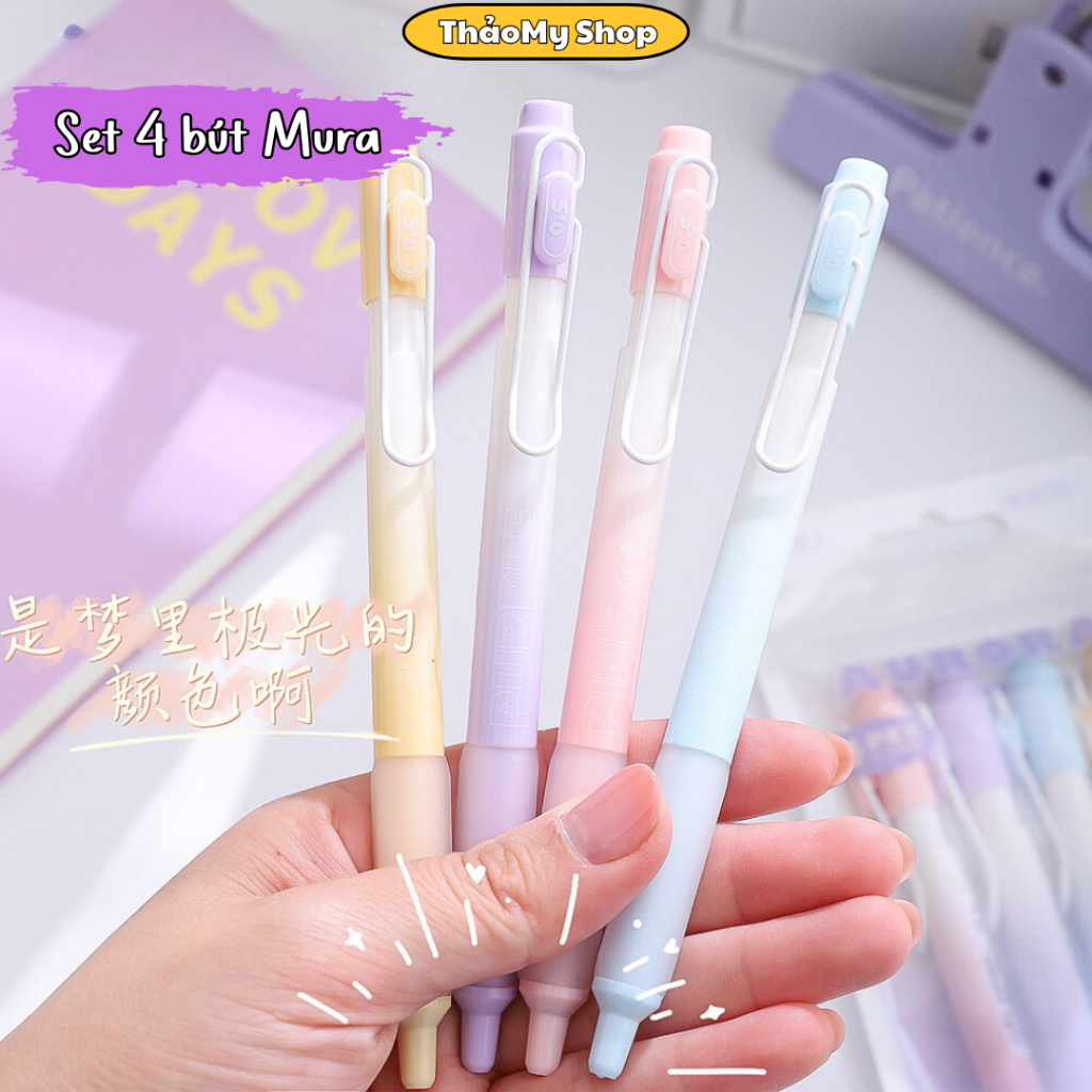 Set 4 bút mực gel Mura ngòi 0.5mm mực đen mix tông màu tím cực xinh bút bi bấm khô nhanh viết trơn đ
