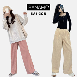 Quần ống rộng nữ dài 100cm chất nhung tăm cạp khóa trước thời trang Banamo Fashion 952
