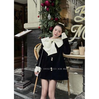 Váy nhung đen cổ nơ to phối trắng siêu đẹp, chất nhung cứng hàng Qc chuẩn phom mẫu mới 2025