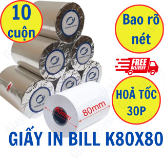   10 Cuộn  Giấy In Bill Nhiệt K80x80 Mực Đen Dùng Máy Pos Ocha 