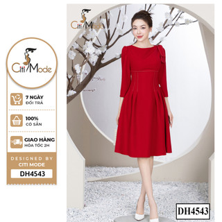 Đầm công sở CITI MODE FASHION thiết kế dáng xoè đỏ cổ thuyền phối nơ vai DH4543