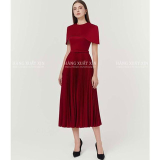 Đầm váy nhung midi xếp ly sang chảnh kèm belt