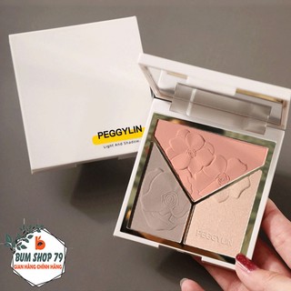 Phấn má hồng peggylin 3 ô kèm tạo khối và bắt sáng highlight, bảng phấn 3in1 có nhũ cho bạn lớp trang điểm rạng ngời.