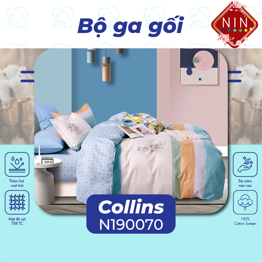 [BÔNG COTTON 100%] Bộ GA giường, áo gối NIN House Collins không kèm mền N190070 kích thước 1m2, 1m4, 1m6, 1m8